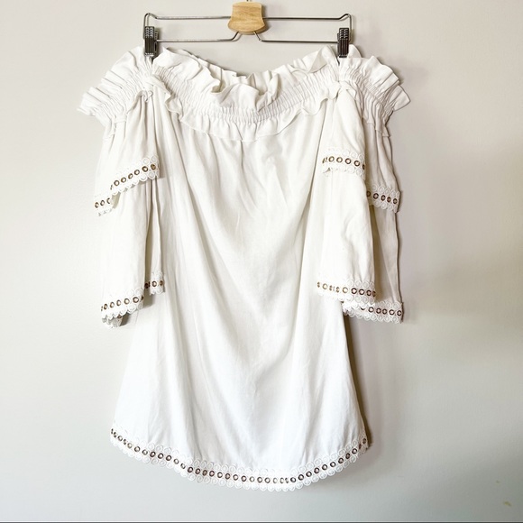 Misa Los Angles Dress Valerie Off-the-Shoulder Mini Grommet Trim White Large NWT - Picture 2 of 8